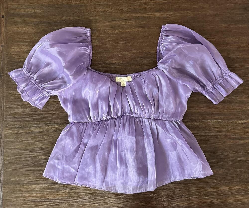 Organza Blouse Womens Large Purple Sheer Puff Sleeve Crop Top THIRTY/THIRTY